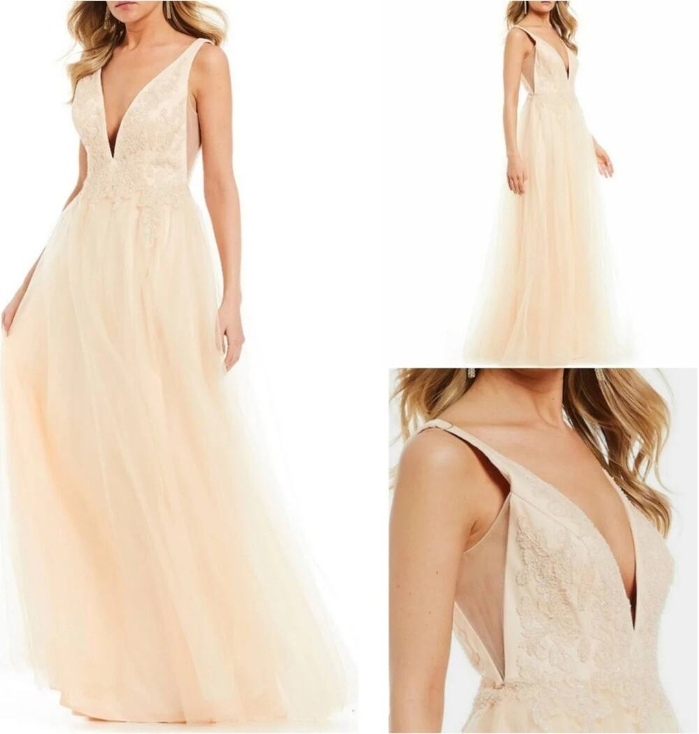 Gb Gianni Bini Social V Neck Applique Beaded Ballgown Maxi Dress Blush Peach  3